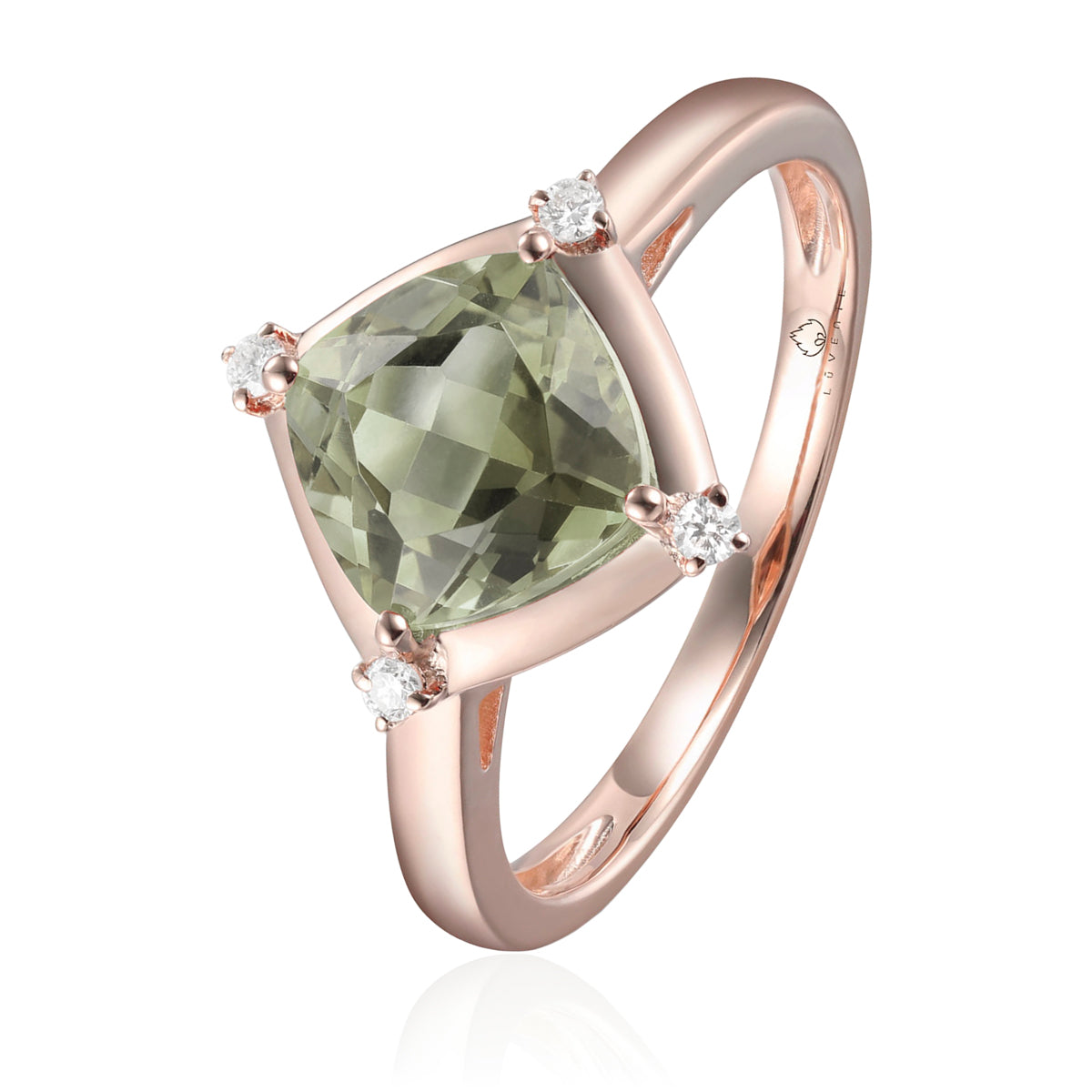 Stunning ring with a gemstone at an angle with diamonds at each corner to accentuate its color. 