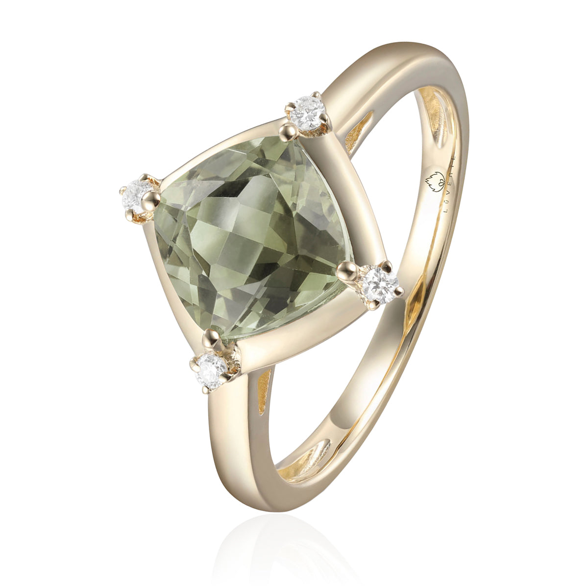 Stunning ring with a gemstone at an angle with diamonds at each corner to accentuate its color. 