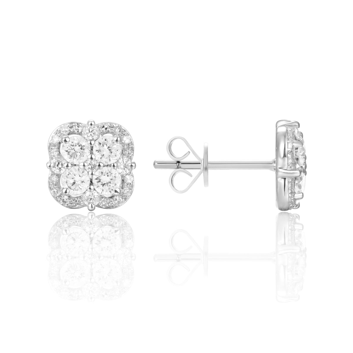 Inspired clover studs with precious stones allured with diamonds in a dazzling halo.