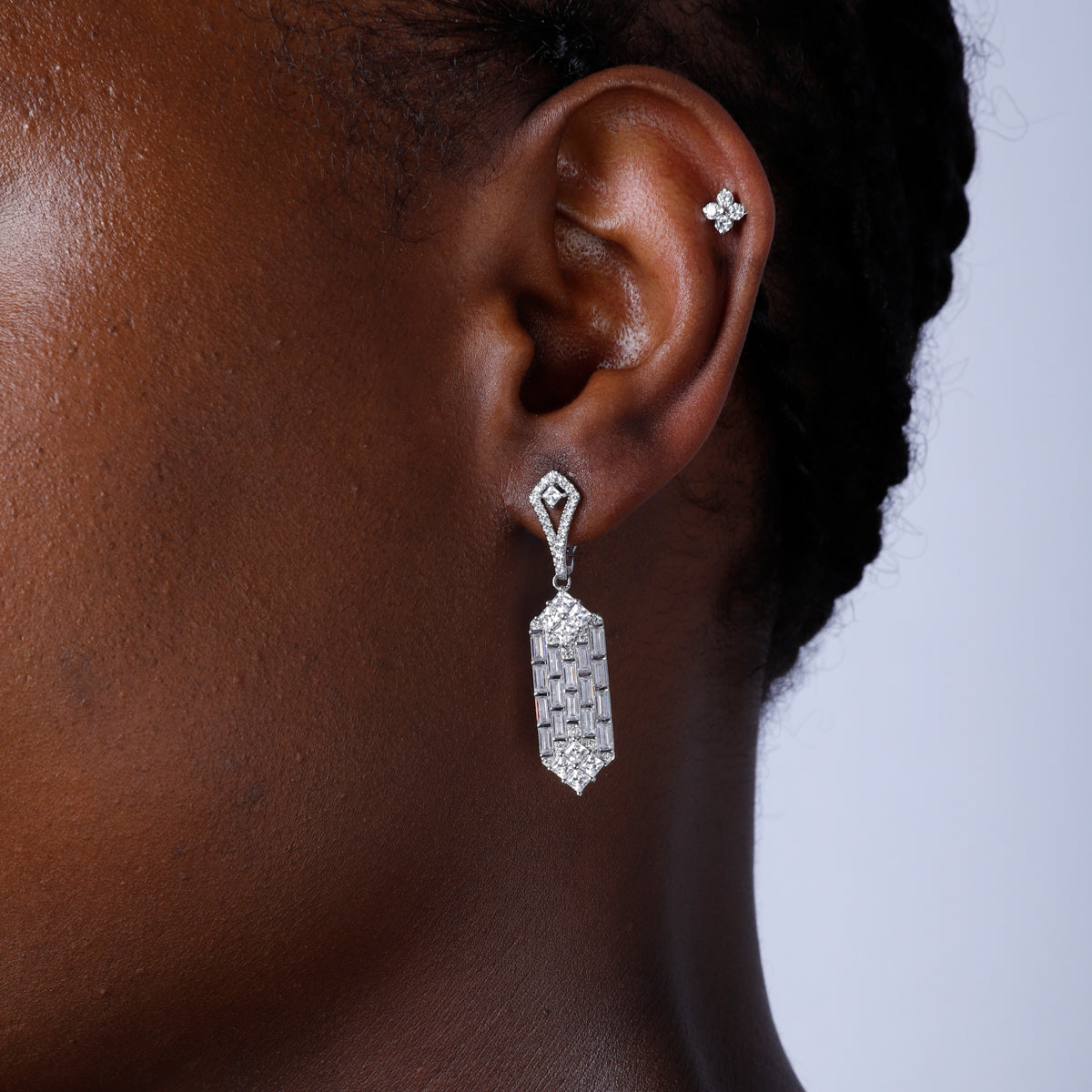 Baguette Earrings with delicate silhouette and baguette cut diamonds make a statement.