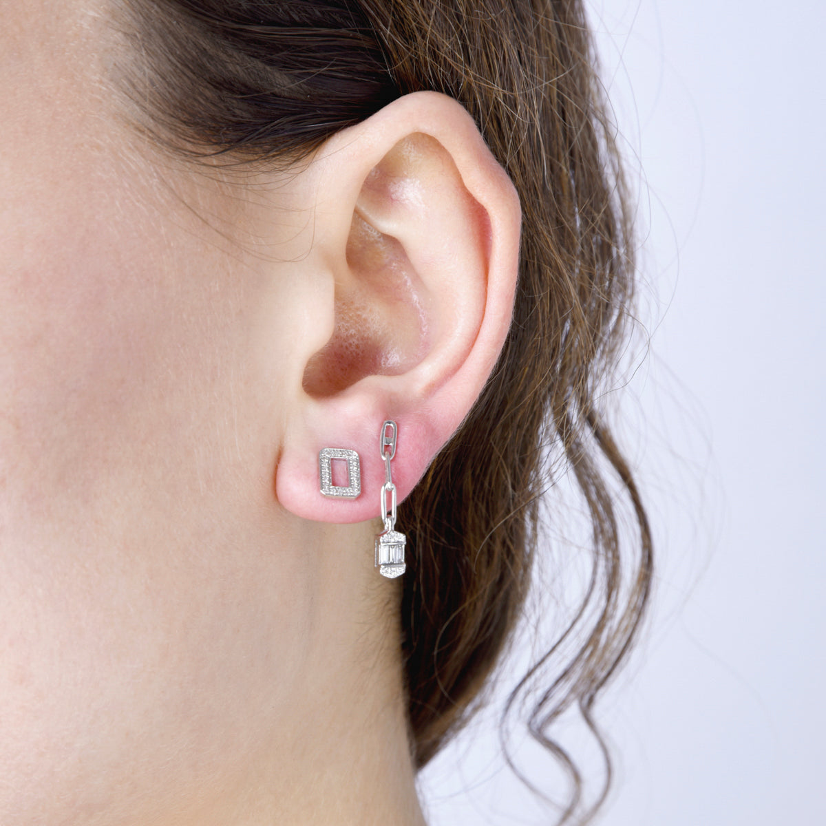 Chain Baguette Drop Earrings,  baguette-cut gemstones and delicate chain drop design.