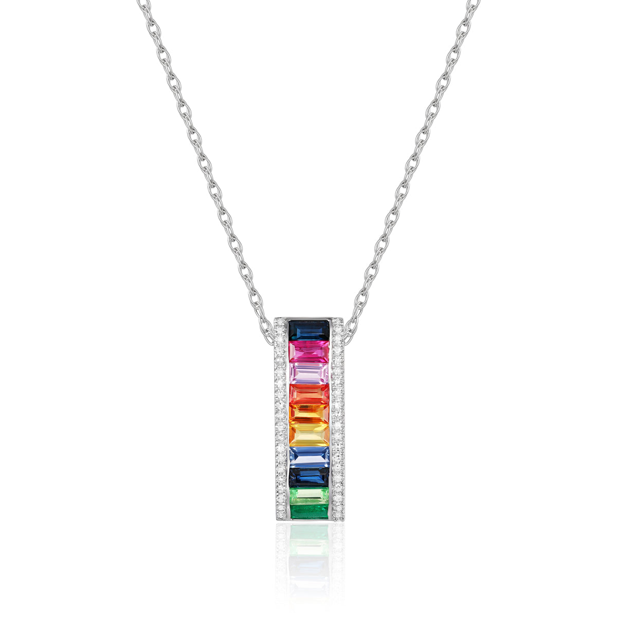 Necklace with a multicolor precious stones on a bar pendant embellished with diamonds around it. 