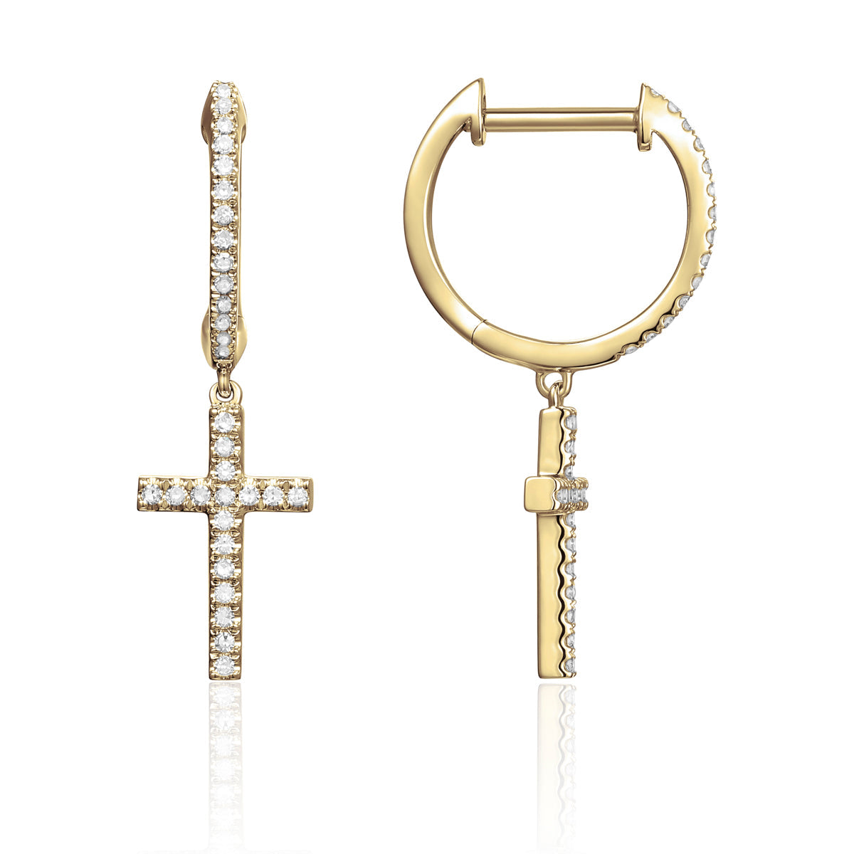 Dangle Cross Earrings for everyday use. Secure closure and shimmering diamonds. 