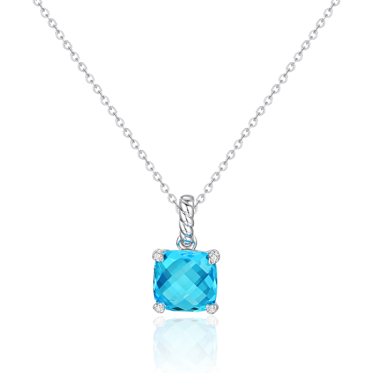 Braided Princess Cut Necklace features gemstone with a braided bail that creates elegance. 