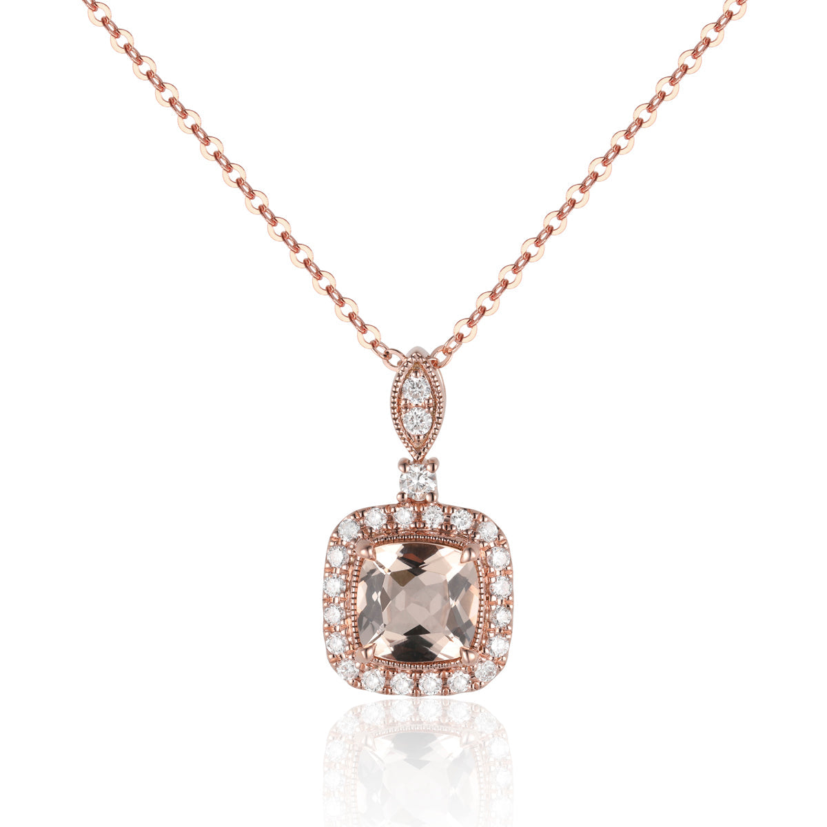 Cushion Cut Necklace displaying an intricate arrangement of diamonds and a center precious stone
