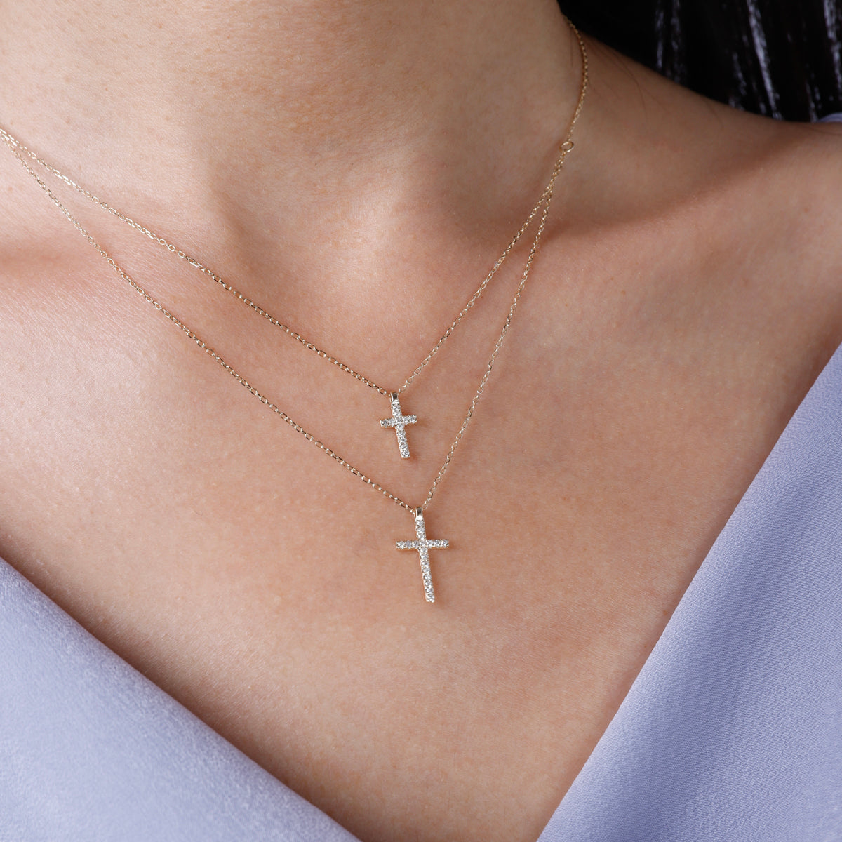 Double Strand Diamond Cross Necklace