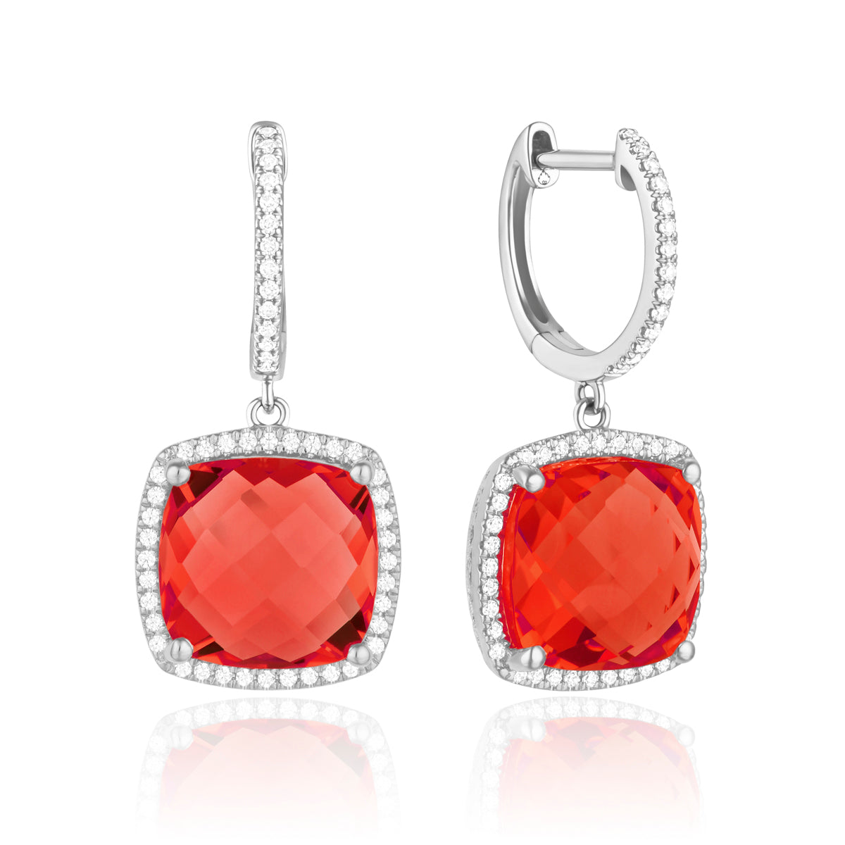 Checkerboard Cushion earrings, cushion gemstones for a pop of color with diamond halo