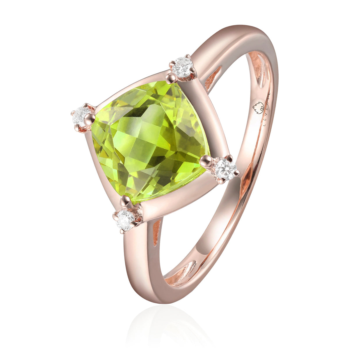 Stunning ring with a gemstone at an angle with diamonds at each corner to accentuate its color. 