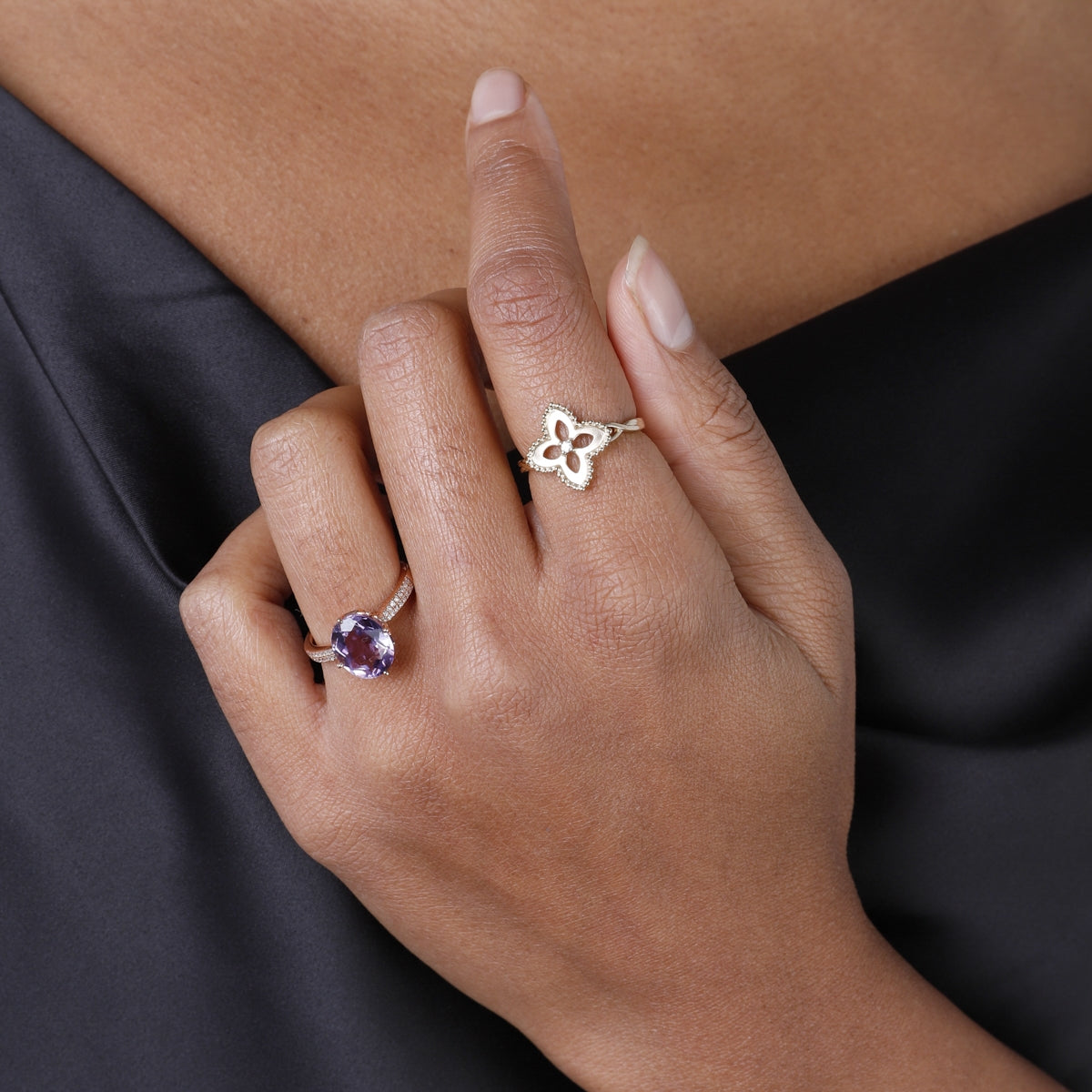 Beaded floral diamond ring entwined floral detailing and beaded details.