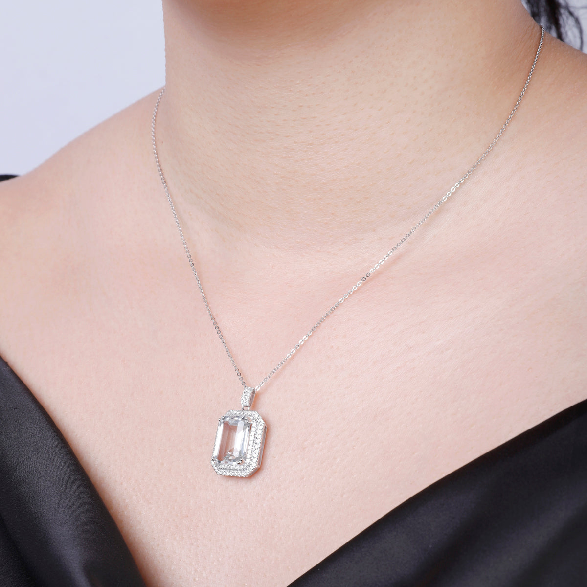 Double Halo Emerald Cut Necklace