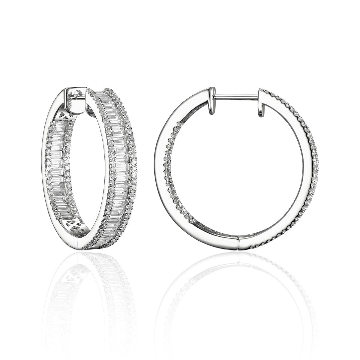 Versatile hoop, an inside-out style. Baguette diamond has been set on the inside. A modern look.