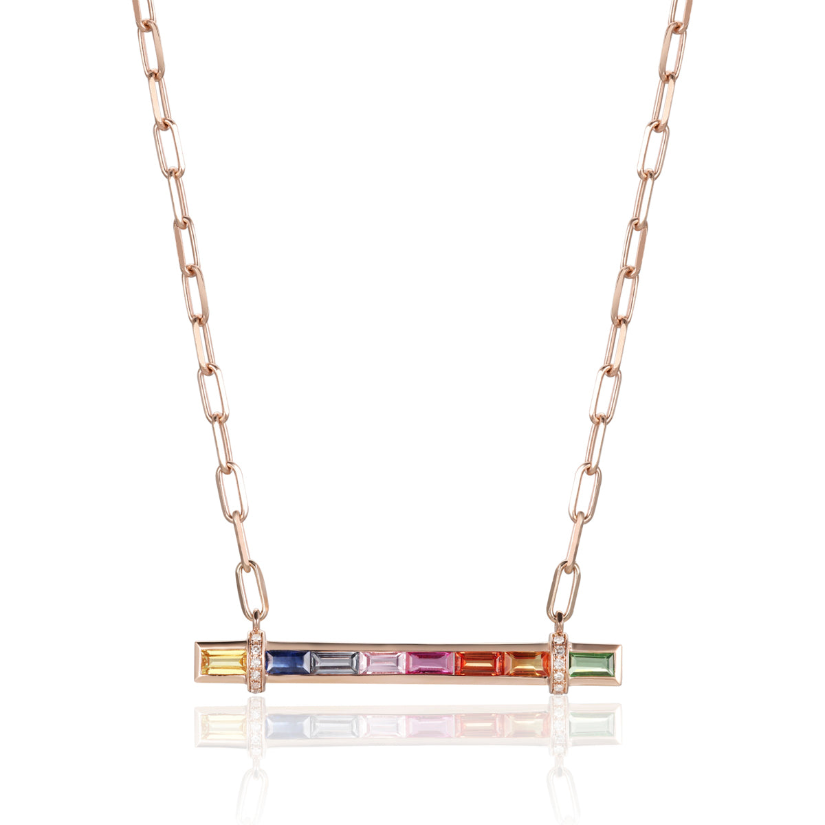 Candy Stripe Multicolor Necklace, a 14k gold bar adorned with a row of vibrant sapphire stones.