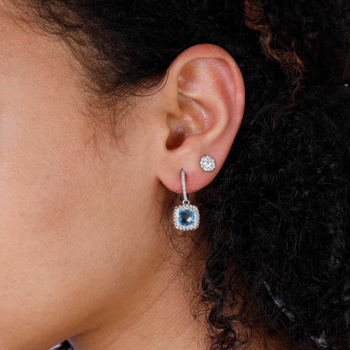Braided Cushion Cut Earring, gemstone surrounded by a halo of pave diamonds and braided perimeter