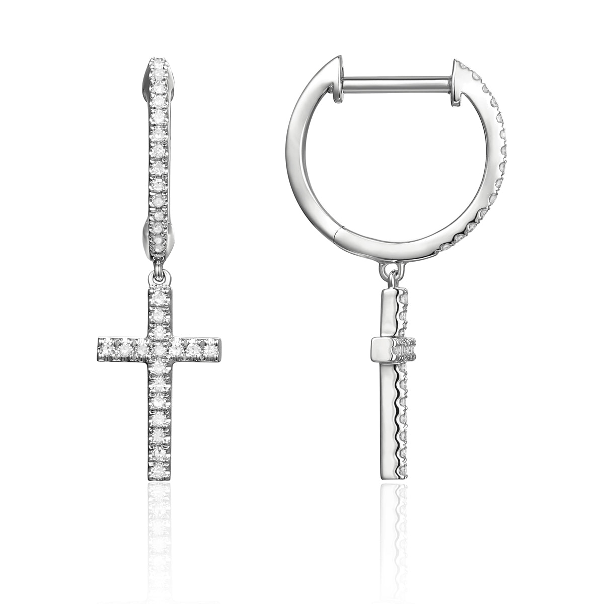 Dangle Cross Earrings for everyday use. Secure closure and shimmering diamonds. 