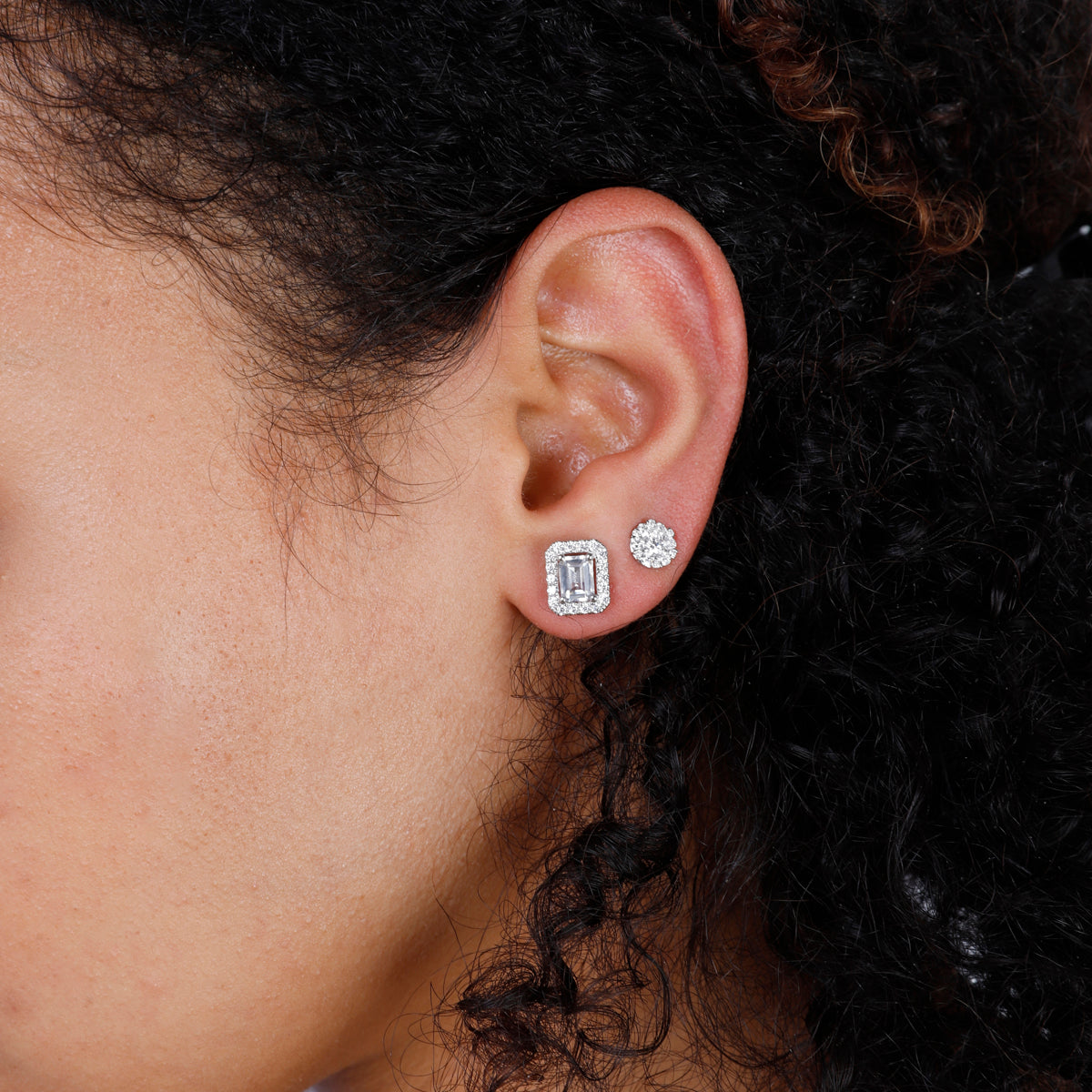 Emerald Cut Halo Studs