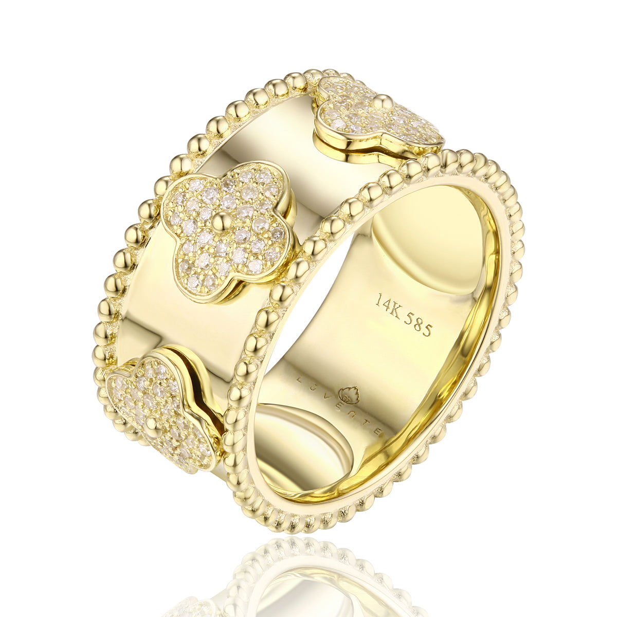 Discover elegance with the Alhambra Wide Band ring in 14k gold, encrusted with sparkling diamonds. 