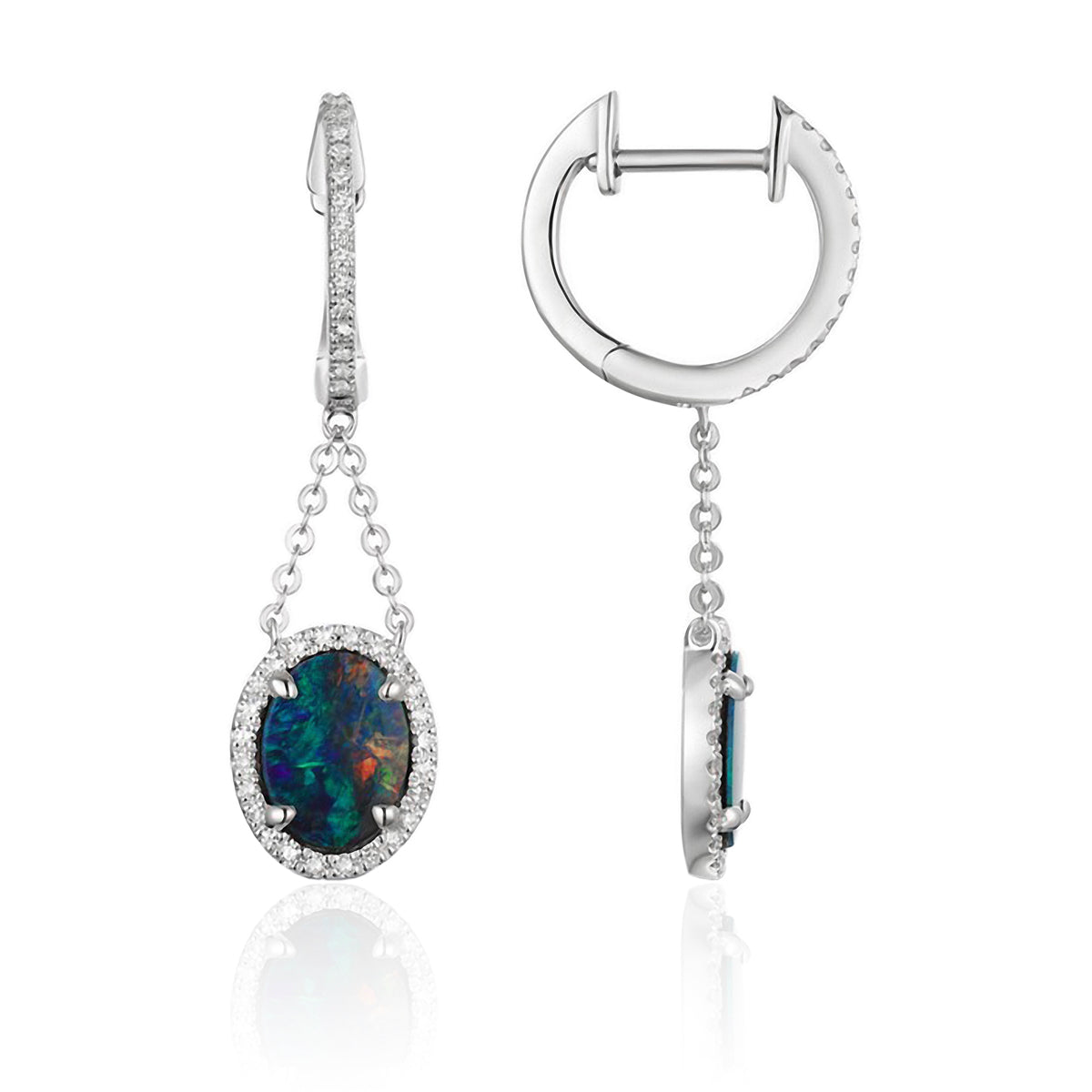 Opal Earring with a luxurious diamond halo held together by chains to flaunt opal by a dangle. 