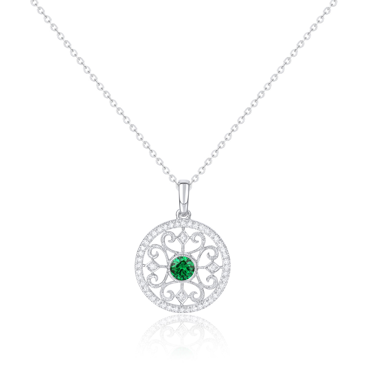 Classic necklace with a modern twist. Center precious stone with mesmerizing surrounding & diamonds