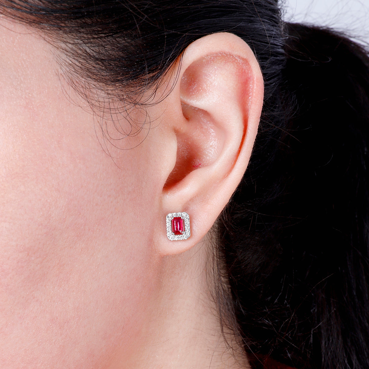 Mini Emerald Cut Halo Studs