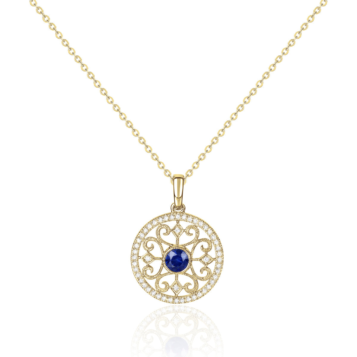 Classic necklace with a modern twist. Center precious stone with mesmerizing surrounding & diamonds