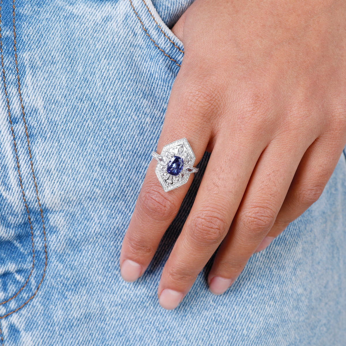 Art Deco diamond ring, vintage piece set with gorgeous center stone and cascading diamonds.