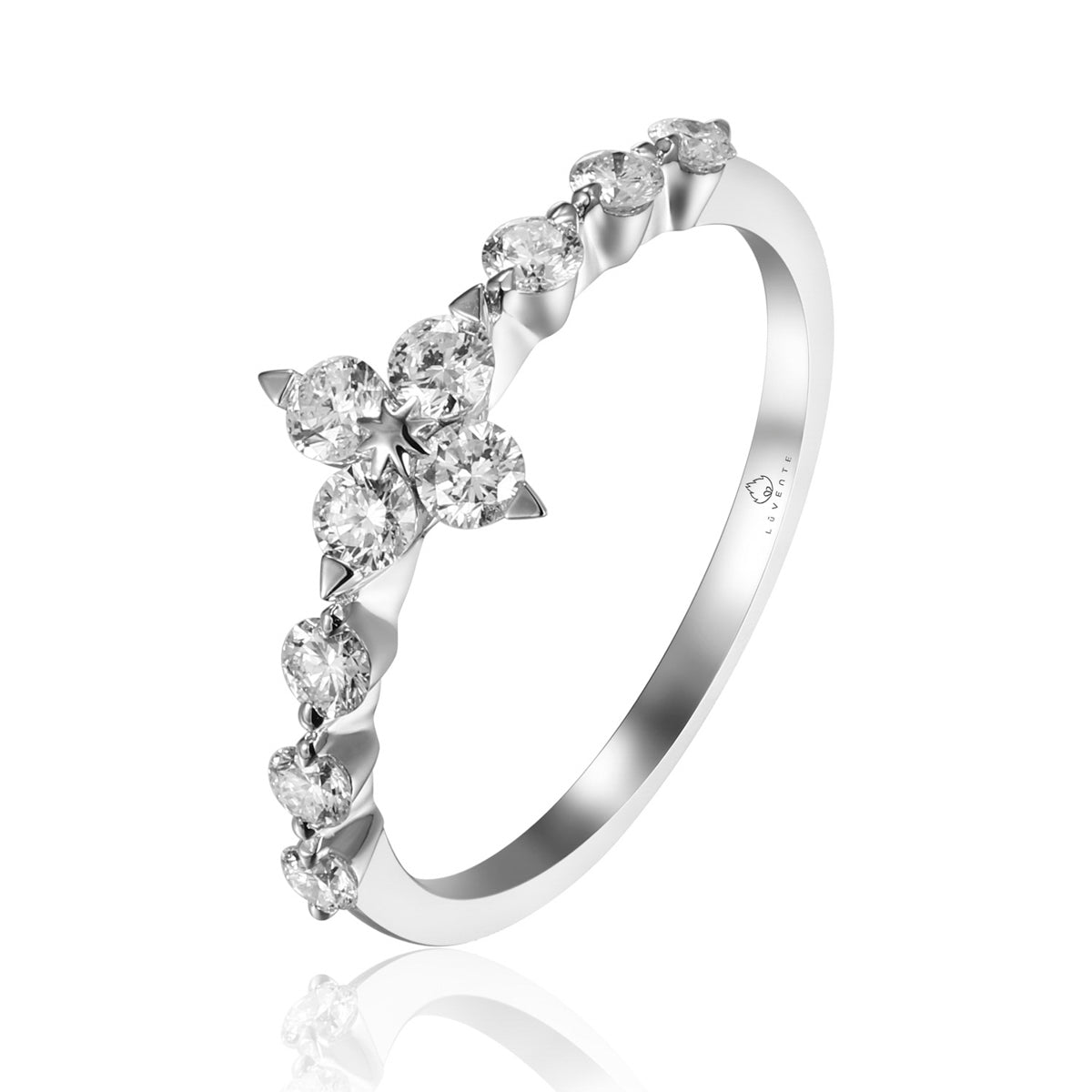 Radiant cluster floral half band diamond ring is enhanced with a row of shimmering diamonds