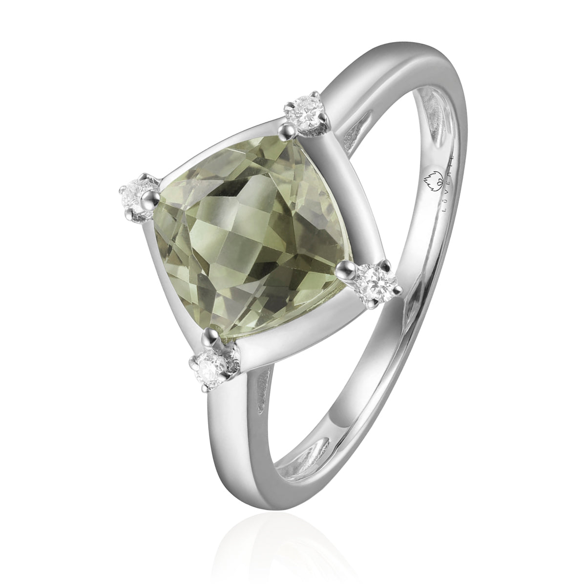 Stunning ring with a gemstone at an angle with diamonds at each corner to accentuate its color. 