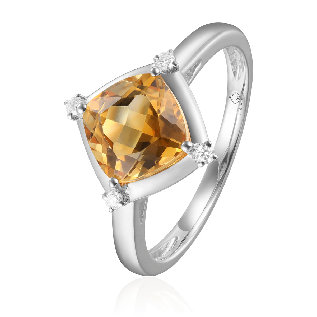 Stunning ring with a gemstone at an angle with diamonds at each corner to accentuate its color. 