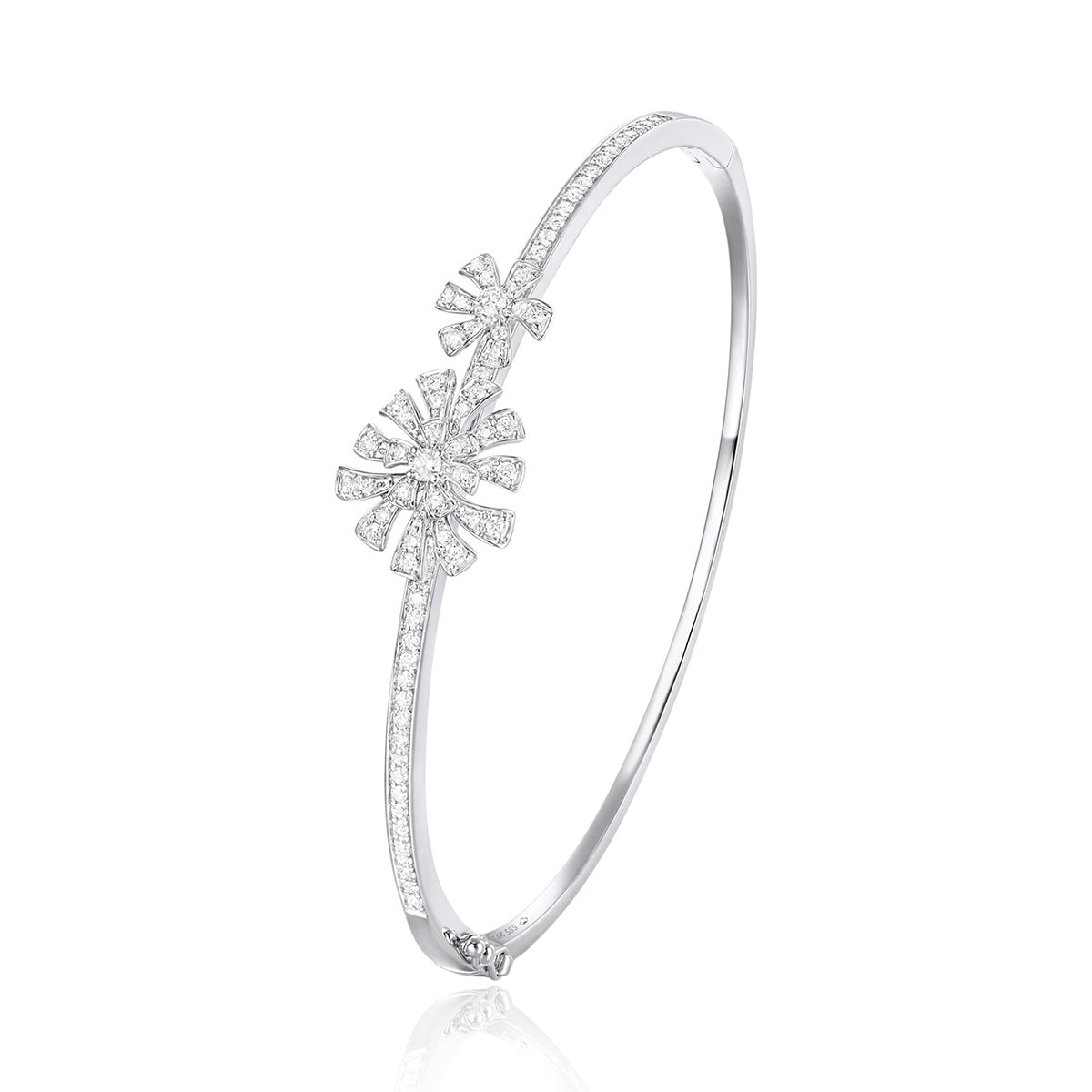 Feminine bangle features a centerpiece flower design of diamond stone studded petals.