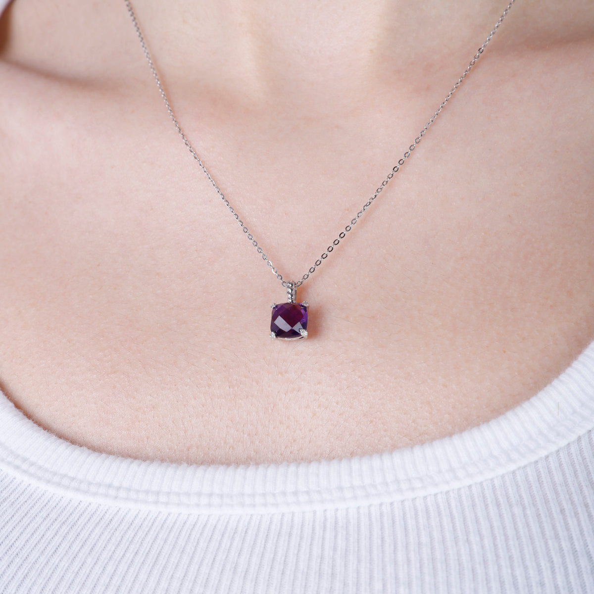 Braided Princess Cut Necklace features gemstone with a braided bail that creates elegance. 