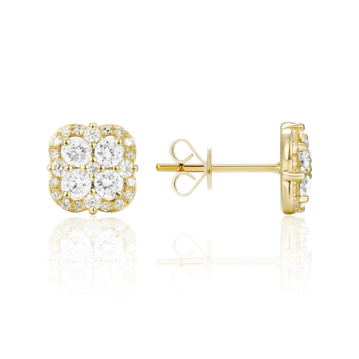 Inspired clover studs with precious stones allured with diamonds in a dazzling halo.