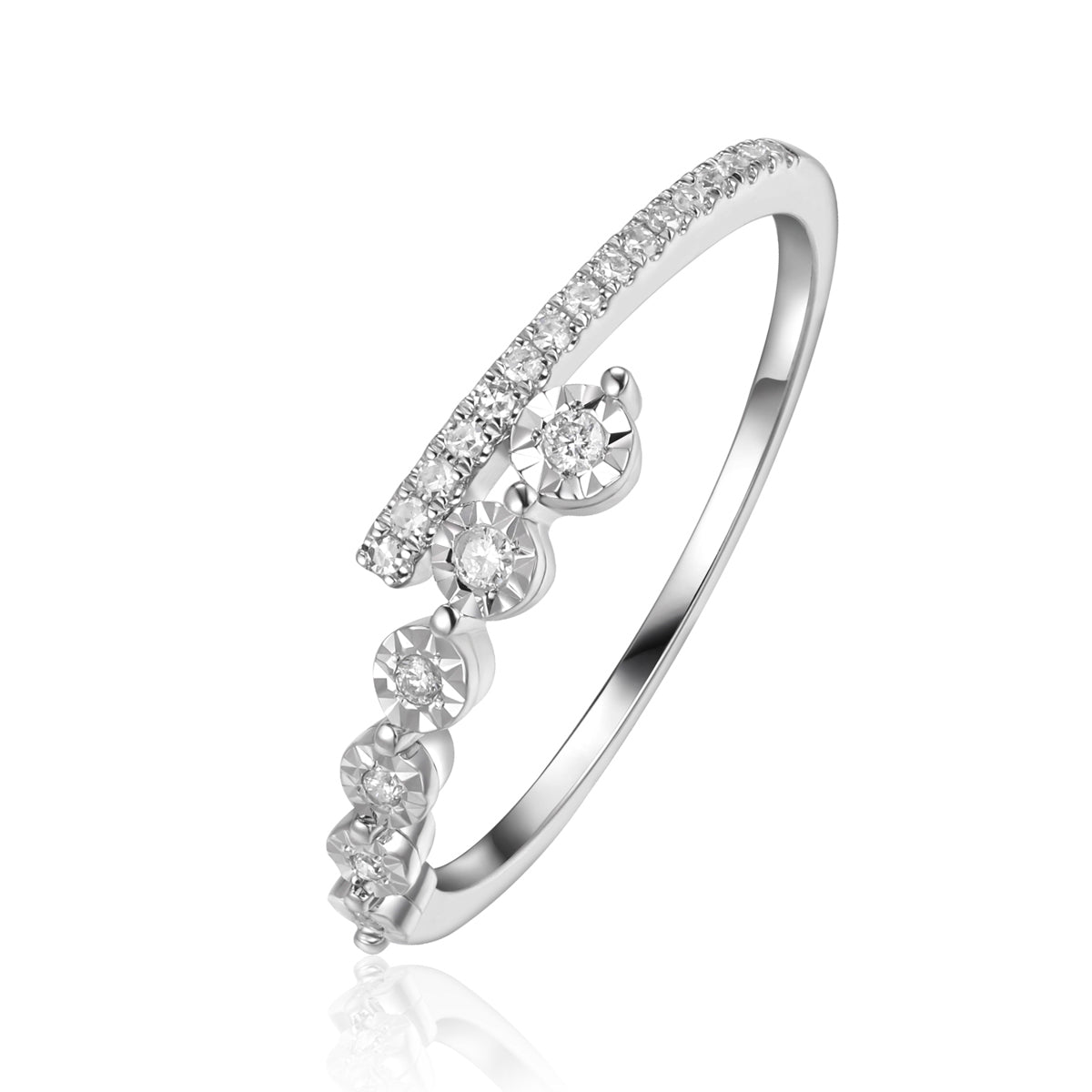 Round delicate diamonds collide with a bar of diamonds creating a stunning work of art. 