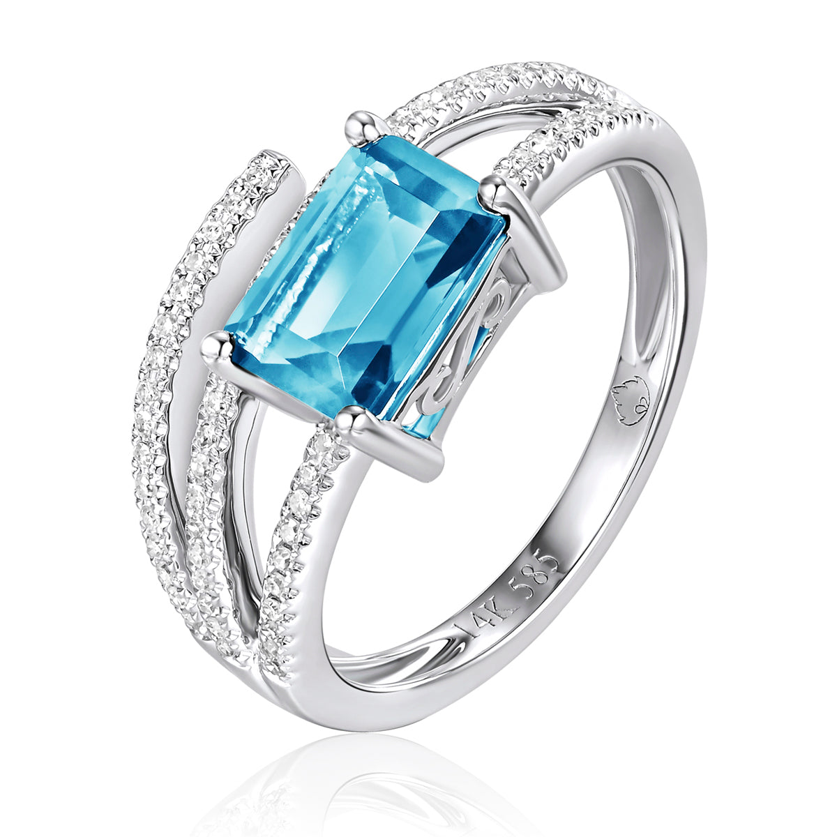 Luxurious ring showcases a semi-precious stone enveloped by three dazzling diamond bands