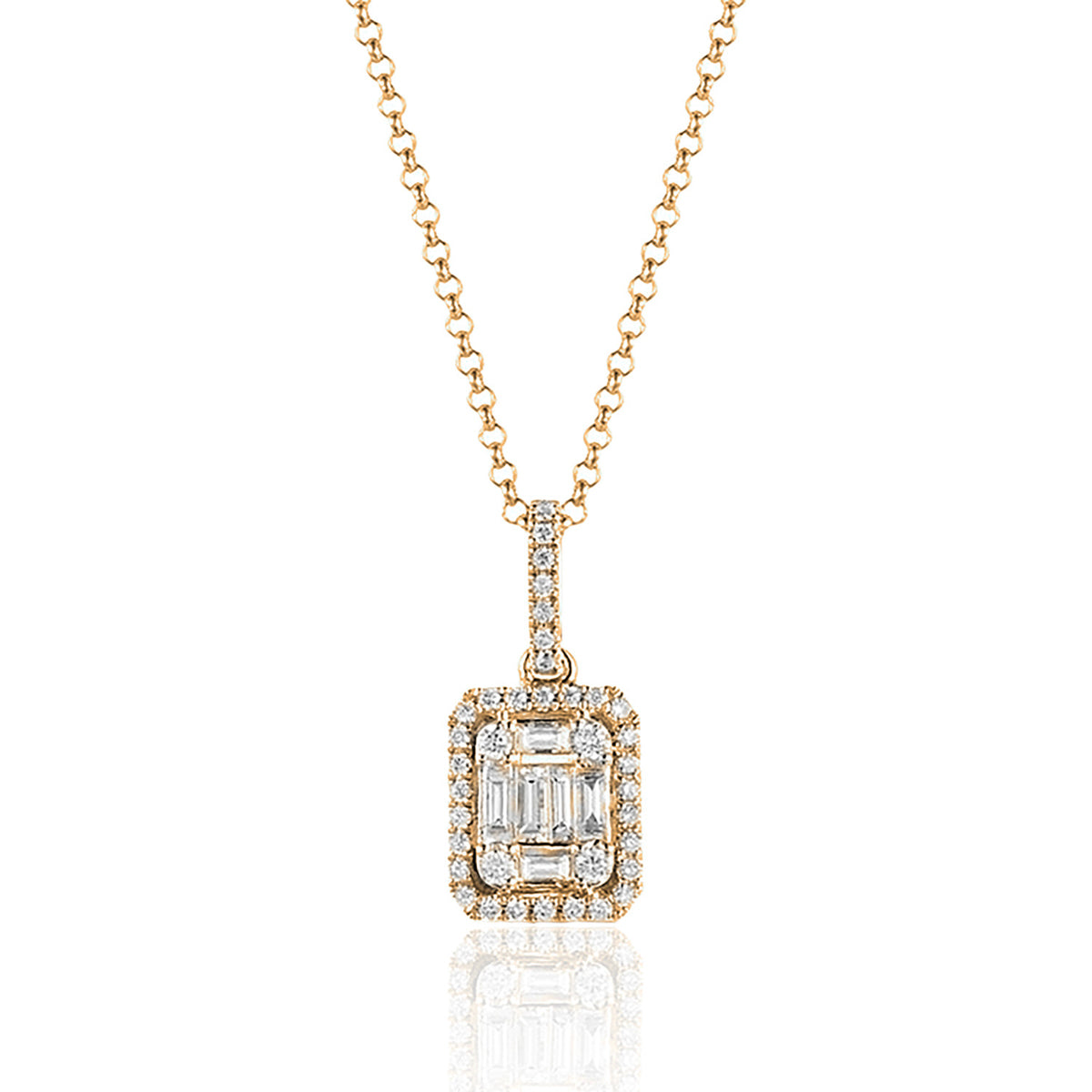 Baguette Cluster Necklace- fashioned in alluring 14k gold. Fusion of baguette-cut diamonds and gold.