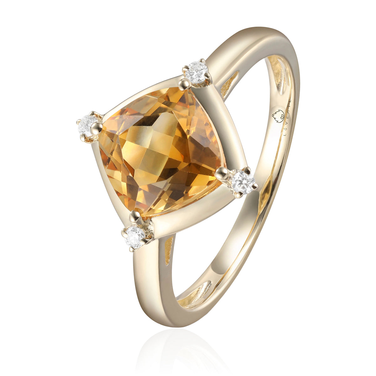 Stunning ring with a gemstone at an angle with diamonds at each corner to accentuate its color. 