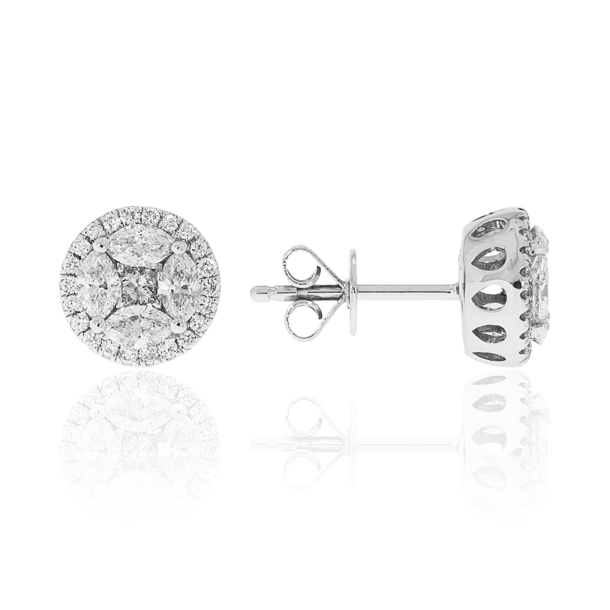 Bold fashion statement, Cluster Marquise Round Studs with different size diamonds in a bold allure