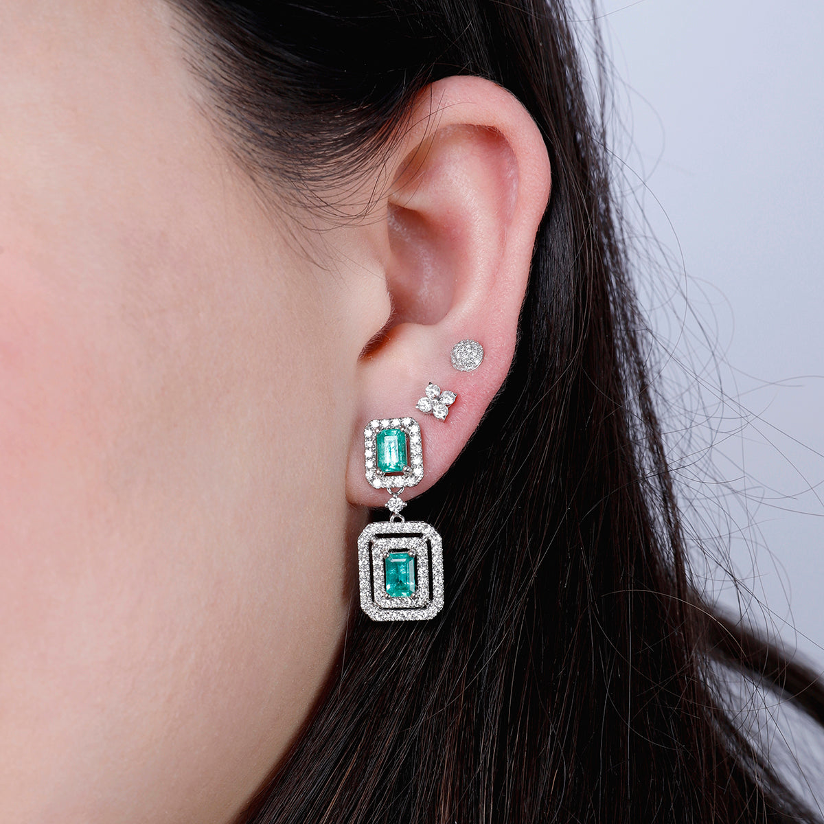 Emerald Cut Double Halo Earrings