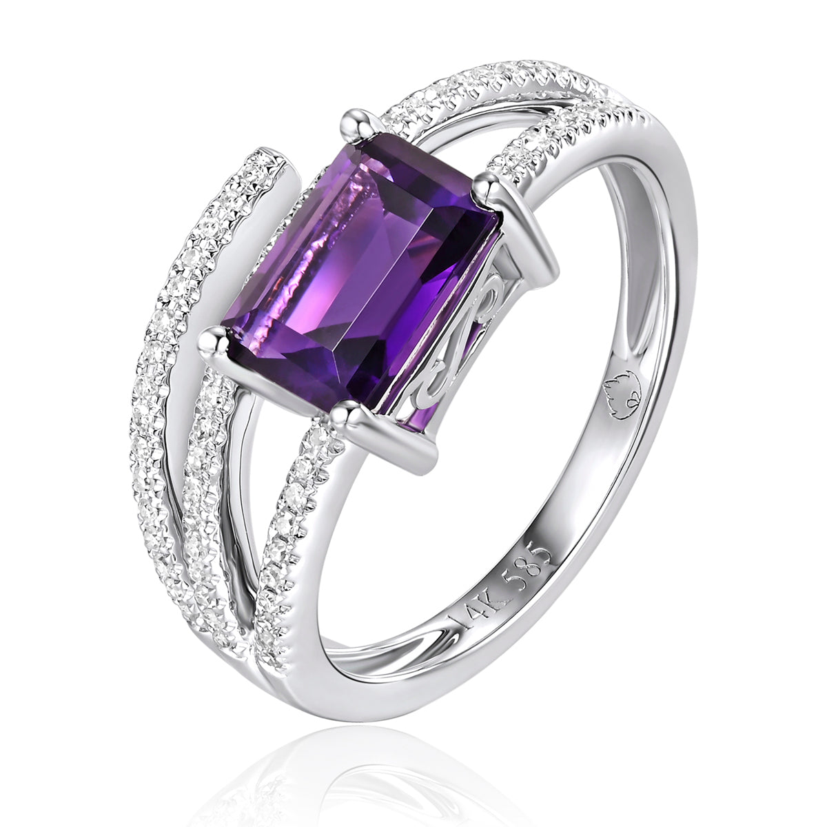 Luxurious ring showcases a semi-precious stone enveloped by three dazzling diamond bands