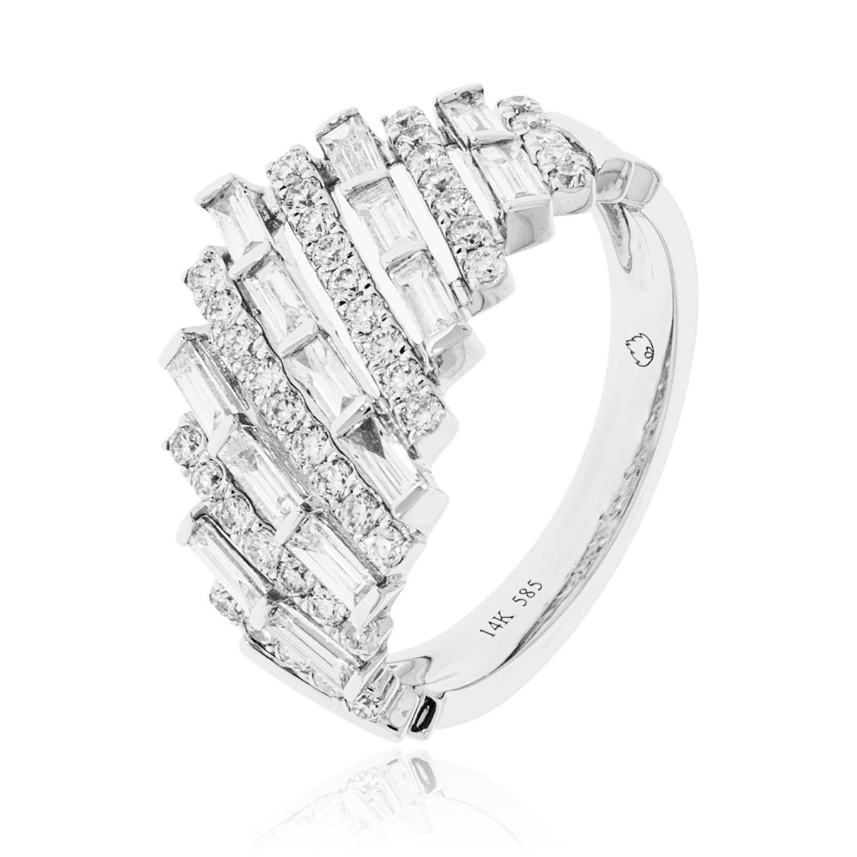 14k baguette statement ring, embellished with dazzling diamonds encircling the elegant baguettes.