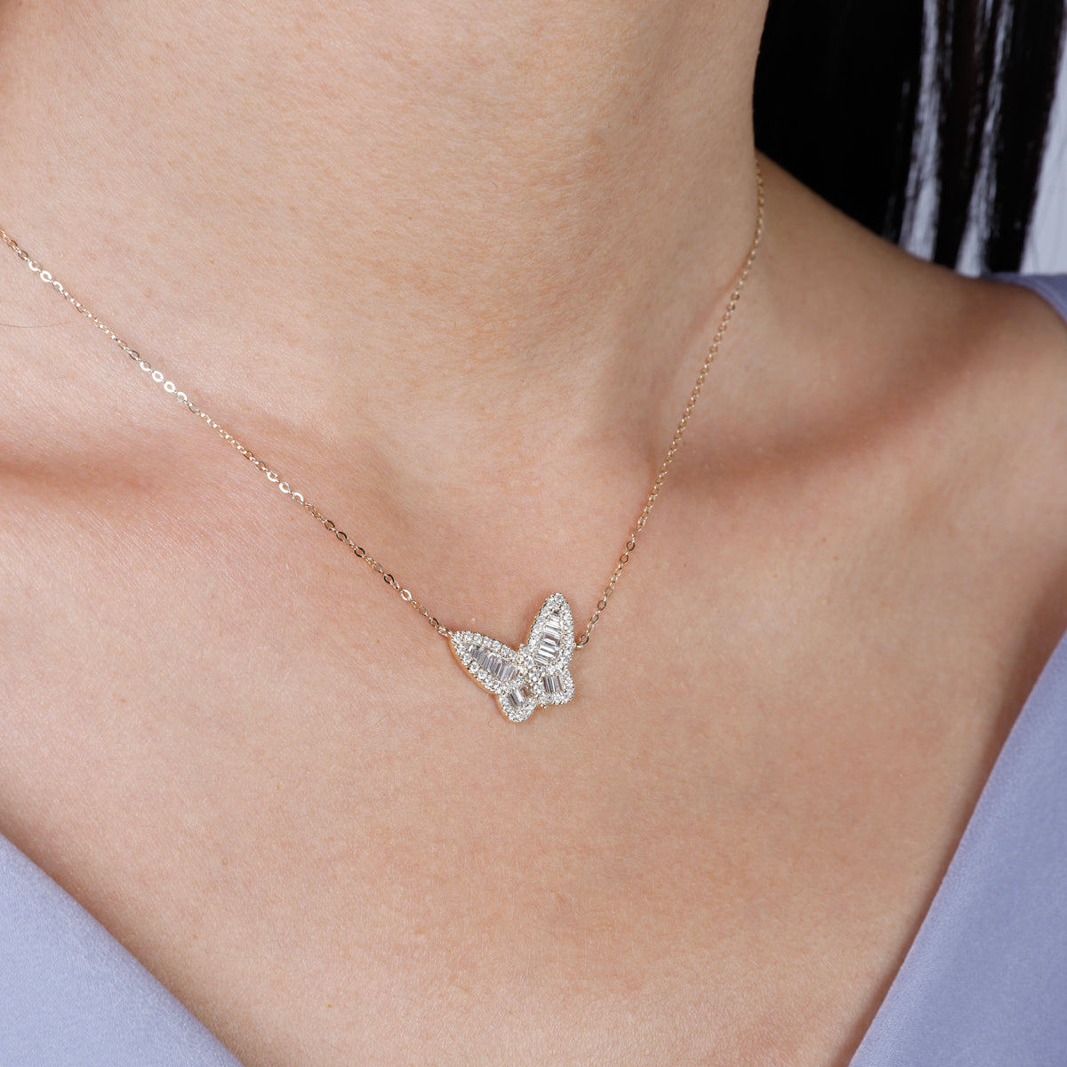 Baguette Diamond Butterfly Necklace designed with detail,14k gold and adorned with baguette diamonds