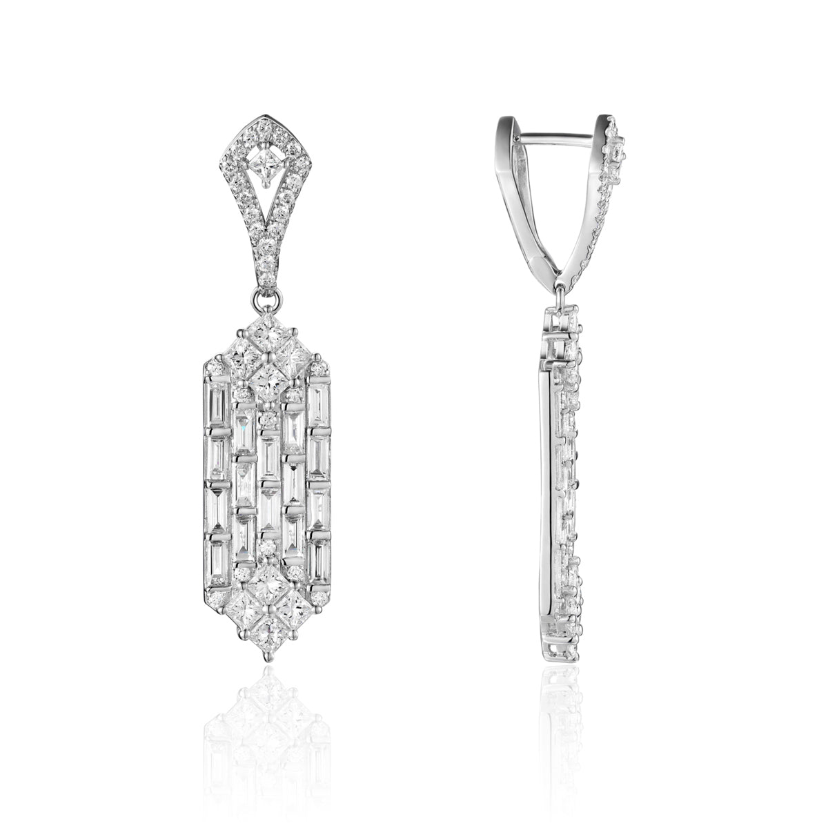 Baguette Earrings with delicate silhouette and baguette cut diamonds make a statement.